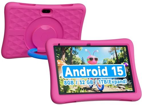 ZZB Kids Tablet 10 Inch, Android 15.0, 8GB (3+5 Extended) RAM, 32GB ROM (Expandable to 1TB), Dual Camera, 6000mAh, Preloaded with Kid-Friendly Apps, Tablet with Case,Android Tablets for Kids (Pink)