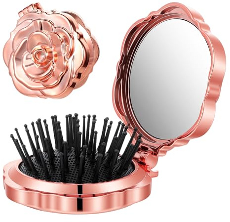 Rose Folding Hair Brush with Mirror Mini Rose Pocket Hairbrush for Women Men Wet Dry Hair Portable Compact Travel Foldable Brush