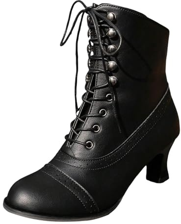 Generisch Damen Stiefel Vintage Viktorianisch Stiefeletten Mit Absatz Mittelalter Gothic Schnürstiefeletten Herbst Schuhe Reißverschluss Biker Boots Schwarz 38