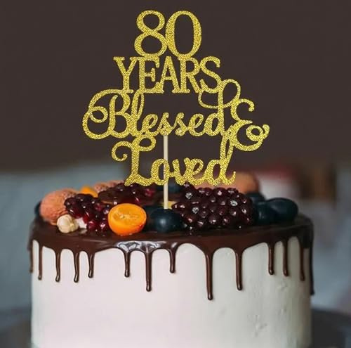80th Birthday Cake Topper,80th cake topper,80th Birthday Cake Decorations,RETWOT 1 Pcs Gold Glitter Happy 80 YEARS Blessed Loved Cake Pick for Celebrating 80 Anniversary Party Supplies.