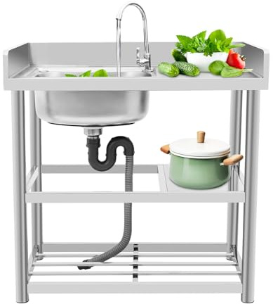 LKHDONG Spültisch Freistehend Edelstahl Waschbecken mit Wasserhahn, Outdoorküche Spülbecken Küchenspüle Gastro Spüle mit Ablage 90x50x80cm (Links)