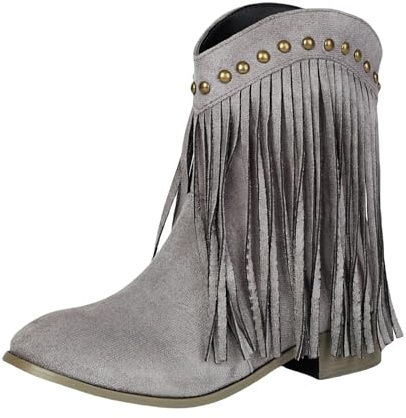 Generiska västerländska stövlar dam cowgirl cowboystövlar mocka stövlar låg klack ankelstövlar med fransar damstövlar nitar korta stövlar bekväma slip-stövlar eleganta halvstövlar, GRÅ, 44 EU
