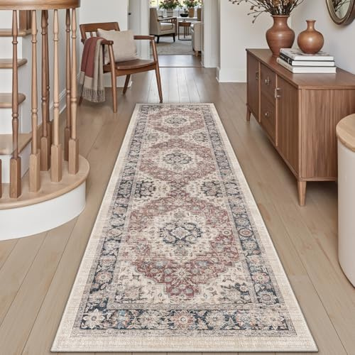 DEXI Läufer Flur Teppich 60 x 180 cm, Küchenläufer Lange waschbar rutschfest, Schmutz & Wasser Aufnehmen Dünne Vintage Teppichläufer für Hauseingänge, Küche, Waschküche, Beige
