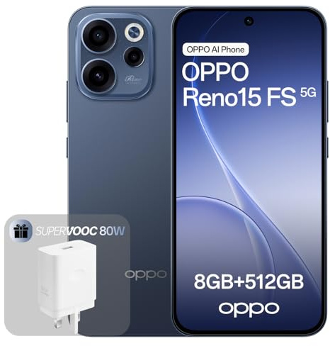OPPO Reno15 FS 5G Smartphone Liberado, 8+512GB, Cámara Ultra Gran Angular 50MP FOV 100°, Pantalla 6.57 120Hz, AI Portrait Glow, Batería 6500mAh, IP69, Twilight Blue (Incluye Cargador 80W SUPERVOOC)