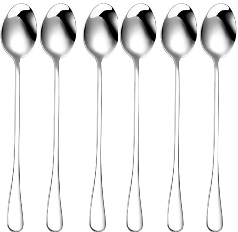 Juego de 6 cucharas para latte macchiato, 19,5 cm, acero inoxidable, cucharas de yogur, cucharaditas de mango largo, acero inoxidable pulido, para té helado, café y cóctel