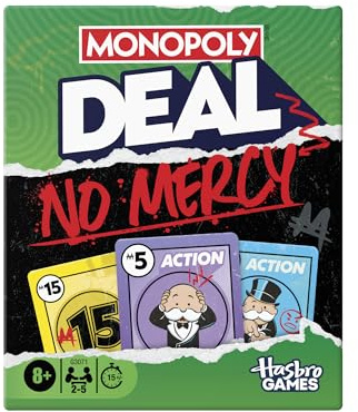 Monopoly Deal No Mercy, Kartenspiel – rücksichtslose Ausgabe des Monopoly Deal – für Kinder, Jugendliche und Erwachsene – 15 Minuten, für 2–5 Spieler – ab 8 Jahren