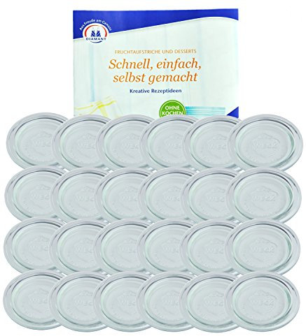 MamboCat WECK 24er Set Ersatz-Glasdeckel für Rundrandglas 60 mm, Glasdeckel, Ersatzdeckel, Ersatzglas, Glasauflage transparent, passend für WECK-Rundrandgläser RR60 incl. Gelierzauber Rezeptheft