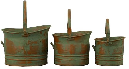Benjara Tinged Metal Bucket Planter with Handles, Patina Rust Finish, Green, Set of 3