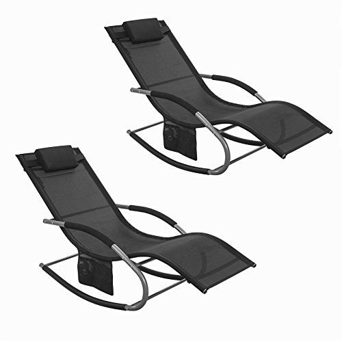 SoBuy Set of 2 Sun Lounger Garden Chair Recliner with Cushioned Pillow & Side Pocket Garden Rocking Chair with Steel Frame Outdoor Furniture Black OGS28-SCHx2