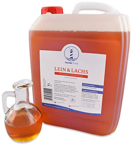 NordicVital Leinöl & Lachsöl Barföl Mischung für Hunde & Katzen– 5L Kanister, Omega 3, 6 und 9 – Naturprodukt Perfekt zum Barfen