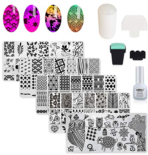 AIMEILI Nail Art Plates Nagelstempel Maniküre Tool Kit 5Pcs Nagel Stamping Schablonen, 2 Stempel, 2 Schaber, 1 Latex Peel Off Tape
