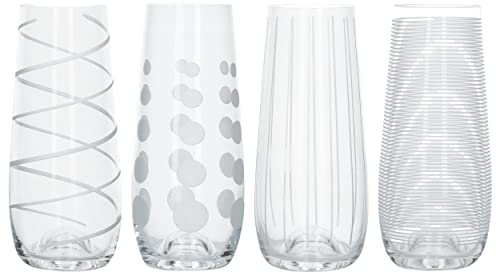 Ensemble de 4 flûtes sans pied Mikasa, verres à champagne en cristal ornés de gravures décoratives de la collection Cheers, capacité de 230 ml chacun, 15 x 13,2 x 13,2 cm, 1 ensemble