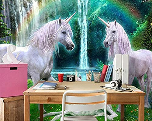 Fototapete Grüner Wald Regenbogenwiese Weißes Pferde Kinderzimmer Hintergrund 3D Wandbilder Tapete wandpapier fototapete 3d effekt tapeten Wohnzimmer Schlafzimmer-250cm×170cm