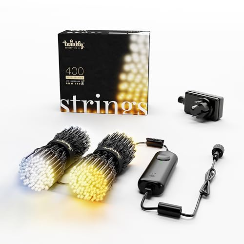 Twinkly Strings 400 LED Bianchi, Striscia Luci LED per Esterno e Interno, Luci Smart Bianco da Caldo a Freddo, Compatibile con Alexa e Google Home, IP44, Controllo da App, Filo Nero, 32m