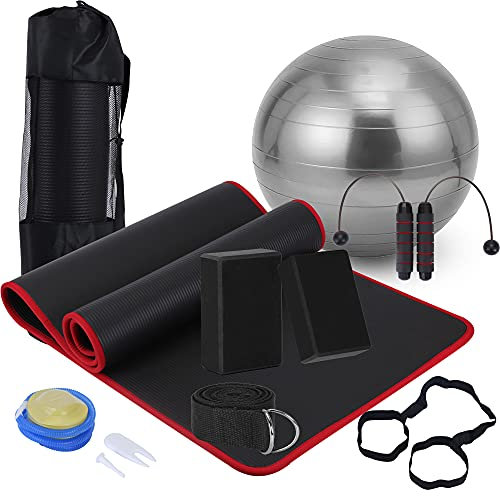 Yogamatten-Set für Anfänger, Yogamatte mit Tragegurt, Yoga-Blöcke, 2er-Pack mit Yoga-Gurt, Yoga-Ball, seilloses Springseil, Yoga-Sets und Sets für Anfänger, Yoga-Starter-Set für Damen und Herren