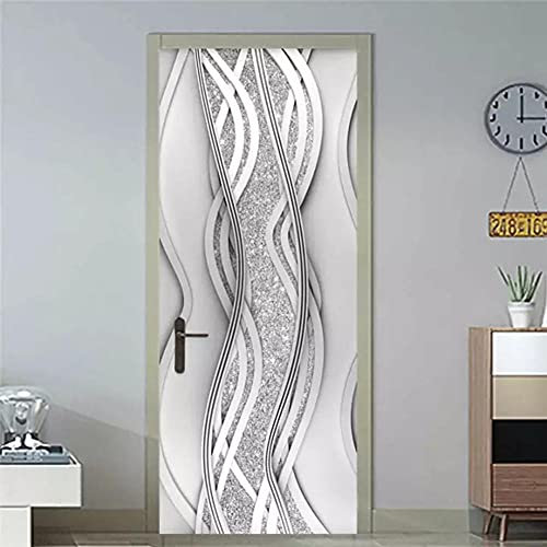 3D Adesivi per Porte Interne Door Parati PVC Premium Door Cover Moderno Creativa Autoadesivi da Parete Deco Photo Autoadesivo Porta Wrap, Simulazione linea argento diamante95 X 215 cm