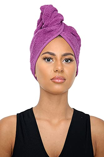 Sapphire Collection Toallas de secado de cabello, toalla de rizo 100% puro de algodón suave, toalla de pelo envolvente, toalla turbante absorbente, toalla de spa con lazo y botón para cabello largo
