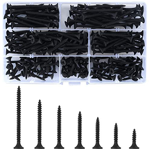 220 Pcs Self Tapping Wood Screws, M3.5 Black Flat Cross Head Self Drilling Drywall Machine Screws Assortment Kit for Drywall, Furniture, Wood Screw - 16mm/20mm/25mm/30mm/35mm/40mm/50mm