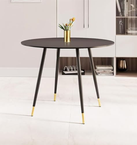 Hallowood Furniture Finley Schwarzer runder Esstisch, 100 cm, kleiner runder Tisch mit schwarzen Metallbeinen für Esszimmer, Frühstück, Kaffee, Küche, Heimbüro und Café