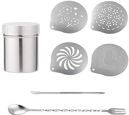 Csirnto Kaffeeschablone 4 Stück Kaffee Schablonen Kaffee-Dekorationsschablonen Barista-Schablone Kaffee Cappuccino Schablonen mit Kakaostreuer Barista Stift Spiralmuster-Rührlöffel Gabel