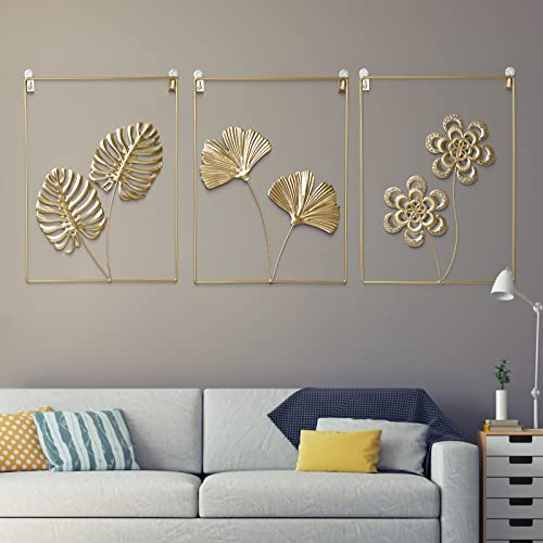 Gold Wanddekoration Set Wandbilder 3 Stück, Metallblatt Dekorative Modern Minimalistisch Abstrakte Linie Wandkunst Ginkgoblatt, Wandskulpturen für Wohnzimmer Schlafzimmer BüroWand, 11.8 x 15.7 Inch