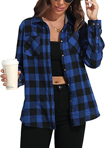 KevaMolly Chemise à carreaux en flanelle pour femme, coupe ample, boutonnée, manches longues, chemisier décontracté en flanelle