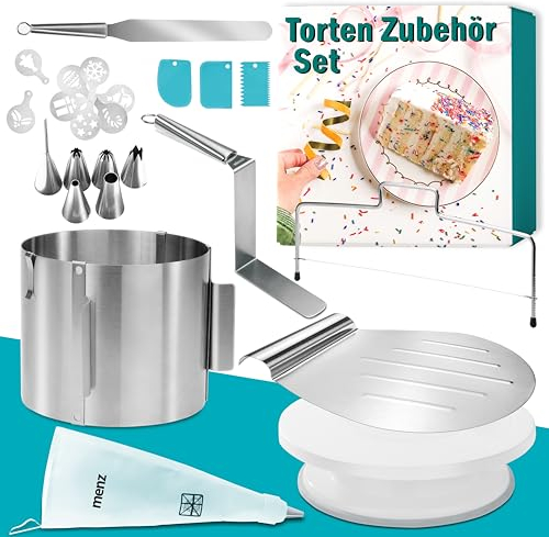 Torten-Zubehör-Set mit Tortenring verstellbar hoch, Tortenschneider, Tortenheber, Streichpalette, Winkelpalette, Tortenplatte drehbar, Teigschaber, Spritzbeutel, Spritztüllen-Set, Torten-Schablonen