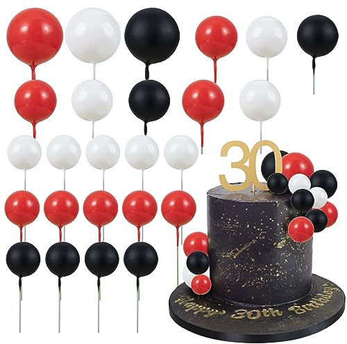 Gyufise 30Pcs Ball Cake Topper Decorations Mini Balloons Cake Topper Sticks Foam Balls Cake Picks Balls Cake Decorations for Wedding Party Birthday Supplies Red Black White