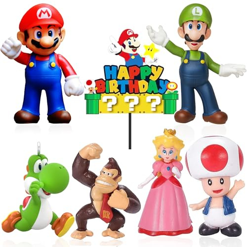 ZASHMART Super Mario Cake Topper, Mario Birthday Cake Topper Card with 6 Pcs Mario Action Figures, Birthday Cake Topping, Cake Decorations Toppers, Party Decorations Toper for Fans of Mario Brothers
