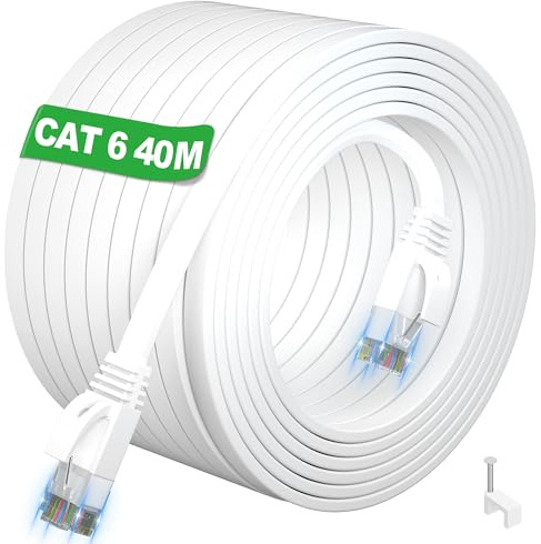 Cable Ethernet 40 metros, Cat 6 Cable de Red 40 metros Exterior Interior, Plano Cable RJ45 40m Cable Internet Alta Velocidad 1000Mbps 250MHz, Blanco Largo Gigabit Cable LAN para Router PC (40 Clips)