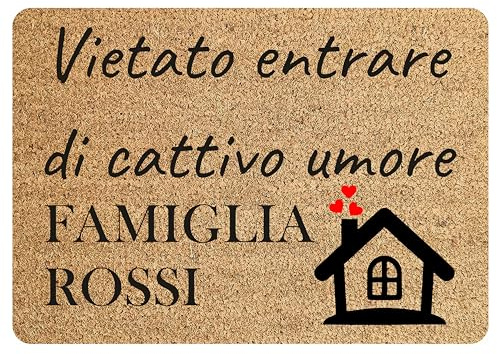 Colorfamily Tappeto Zerbino personalizzato con nome Famiglia Vietato entrare di cattivo umore? Ingresso Casa 60x40 cm