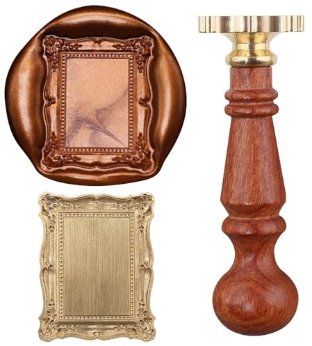 1PCS Wax Seal Stamp Head 1PCS Removable Wooden Handle,3D Embossed Rectangle Vintage Texture Brass Head Wax Stamp Retro Photo Frame Wax Seal Stamp Kit For Card Envelope Wedding Invitations Scrapbooking
