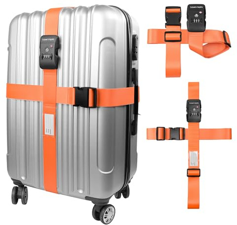 Travel Inspira Luggage Straps with TSA Lock, TSA Approved Suitcase Belt, Heavy Duty Adjustable Cross Design for Added Security, High-Visibility Orange Travel Accessory with ID Tag for 20-32 Bag