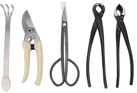 5-teiliges Bonsai-Werkzeugset, Bonsai-Werkzeugset aus Kohlenstoffstahl mit Gartenschere, Bonsai-Schere, Bonsai-Rechen, Diagonalzange, Kugelzange, Aufbewahrungstasche,