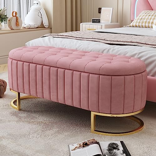 YESGIGA Stauraum-Schlafkoffer und Fußbank 120 x 40 cm, gepolsterte Fußbank mit Stauraum, Sofabank Bank, Samtstoff (Rosa A)