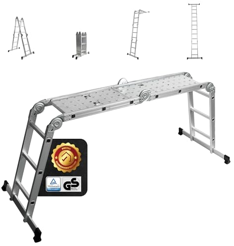 siwitec Scala multiuso 4 x 3 gradini, scala con 2 piastre di ponteggio, scala a pioli fino a 150 kg, scala a pioli, scala in alluminio, scala domestica, 12 gradini, certificata TÜV/GS