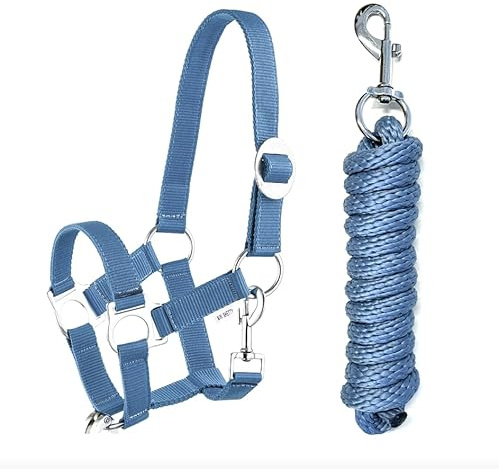 JA Horse JA4001 Essential Halfter Set Karabinerhaken, Blau, Pony | Verstellbares Pferdehalfter mit Führstrick & Karabinerhaken, Essential Anbindestrick für Pferd & Holzpferd