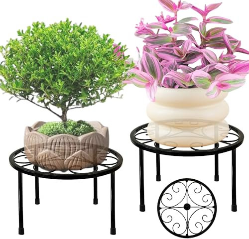 ZEECER Plant Stand Indoor Outdoor Set of 2, Retro Design 10'' Round Metal Plant Rack, Rust-proof Coated, Heavy Duty Flower Pot Stands for Patio Garden Home Decor