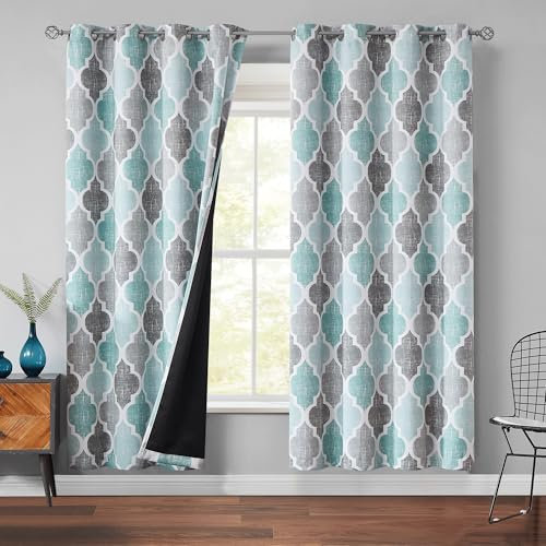 Beauoop 100% Blackout Curtains 72 Inches Long 2 Panels for Bedroom Living Room Aqua Grey Moroccan Geo Room Darkening Thermal Insulated Soundproof Grommet Top Window Treatments Drapes, 50x72 Set of 2