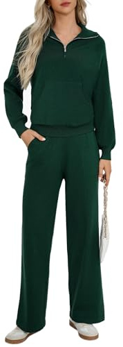 Totatuit Conjunto Punto Mujer 2 Piezas Conjunto de Salón de Manga Larga Color Sólido Conjunto Mujer Vestir Dos Piezas Top y Pantalon Deportivo Suelto Conjuntos Verde M