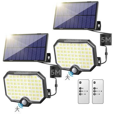 TECKNET Solar Security Lights Outdoor 2 Pack, 252 LED Pir Solar Lights Outdoor Motion Sensor with 3 Lighting Modes & Remote Control, IP65 Waterproof Split Flood Light for Garden Front Door Yard