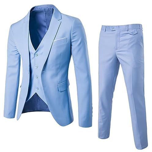 Meaunzyl Partykleid für Herren, 3-teilig, schmale Passform, Hochzeitskleid, einfarbig, Anzug mit Knöpfen, Jacke und Hose, langärmelig, Arbeitsanzug, bequeme Passform, eng anliegend, lässig, blau, M