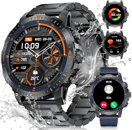 LIGE Reloj Inteligente Hombre Militar,1,43'' AMOLED/500mAh Smartwatch con Llamadas,24H Pulsómetro/Monitor de Sueño/Podómetro/100+ Modos Deportivos,IP68 Impermeable Smart Watch Android iOS