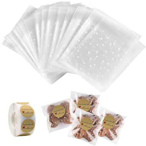 200 PCS Self Adhesive Cookie Bags, Cellophane Bags Clear Self-Adhesive | Candy Bag Polka Dot Treat Bags with One Roll of Stickers(500 PCS), for Cookie Chocolates Biscuit Candy, 10×10 cm