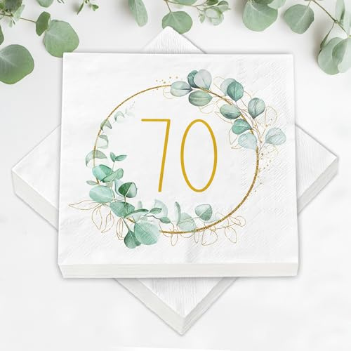 40 Stück Servietten 70 Geburtstag als Tischdeko, Geburtstagsservietten Eukalyptus Gold Grün Tisch Deko 70 Geburtstag Frau Mann, Geschenke zum 70 Jahre, Tischdekoration Papierservietten