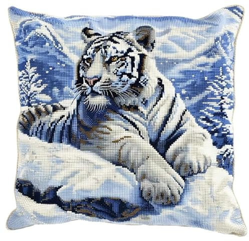 Taxpy Knüpfkissen Set, tierischer weißer Tiger Latch Hook Kissen Kit für Anfänger Erwachsene zum Selber Knüpfen, DIY Knüpfteppich Knüpfpackung, Kissen Selber Knüpfen Set, 43x43cm