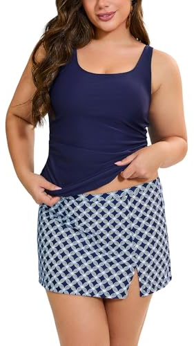 SHEKINI Damen Elegant Tankini Set Ruched Bauchweg Slim Zweiteiliger Badeanzug Tankini Oberteil mit Rock Große Größen Bademode M-3XL（XL,Dunkelblau