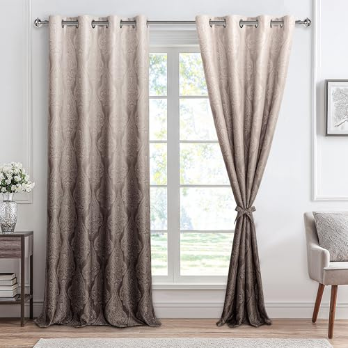 Hiasan Ombre Verdunkelungsvorhänge, 244 cm lang, Damast-Muster, Vorhänge mit Raffhaltern, wärmeisoliert, geräuschreduzierend, für Schlafzimmer, Wohnzimmer, Braun, 2 Paneele, jeder lange Vorhang 132 cm
