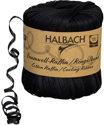 Halbach Baumwoll-Ringelband, 4 mm x 100 m, schwarz | Ringelband aus 100 % Baumwolle mit Öko-Tex zertifizierung, Baumwoll-Raffia zum Ringeln und Einpacken von Geschenken