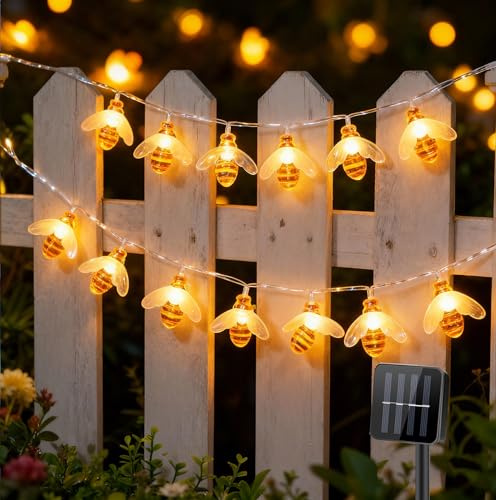 Vigdur 2 Pack Solar Bee String Lights Outdoor, 10 LED 3D Bee Fairy Lights, IP44 Waterproof Solar Powered for Windows, Fences, Patios, Christmas, Weddings & Party Decor (Warm White)